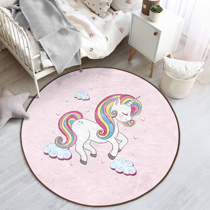 Unicorn Pattern Pink Kids Room Decorative Washable Round Rug |