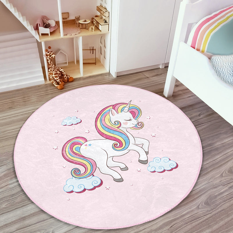 Unicorn Pattern Pink Kids Room Decorative Washable Round Rug |