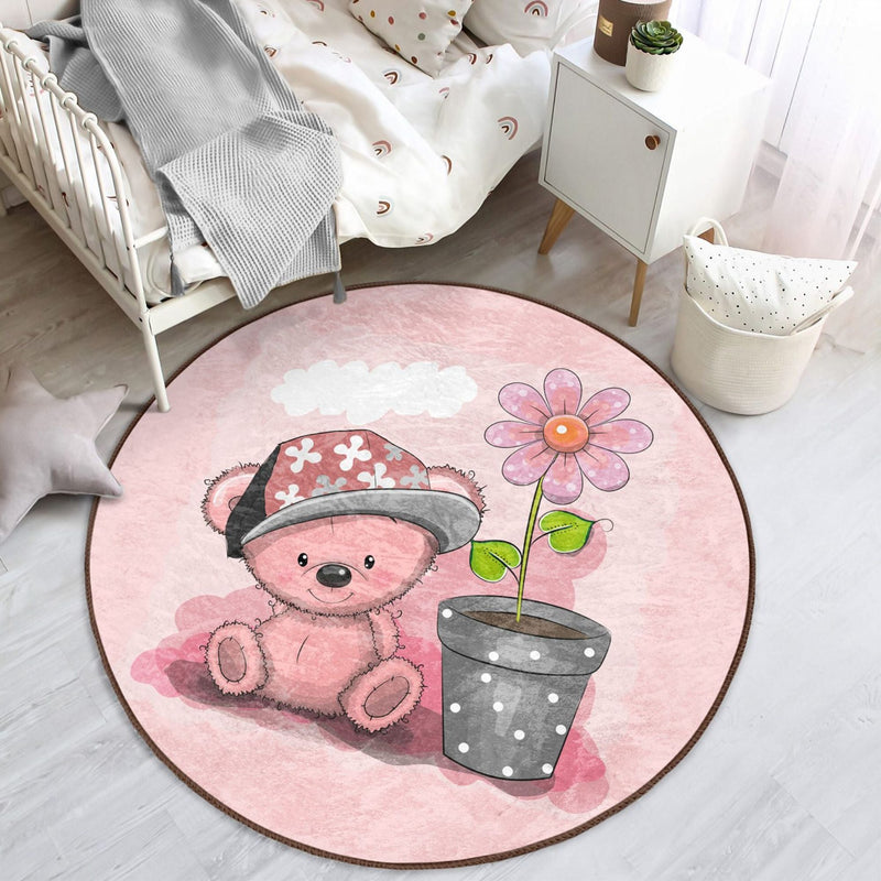 Pink Teddy Bear Kids Room Decorative Washable Round Rug | Homeezone