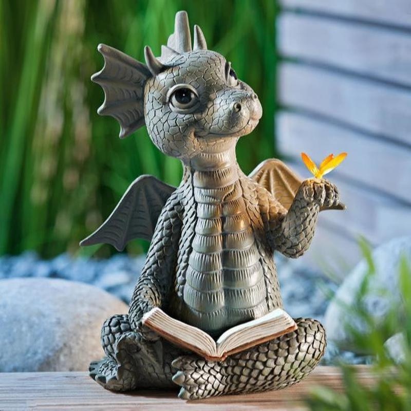 Cute Little Dragon Dinosaur Meditation Reading Book Sculpture Figure