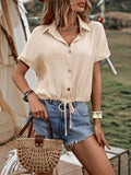 Drawstring Button Up Short Sleeve Blouse