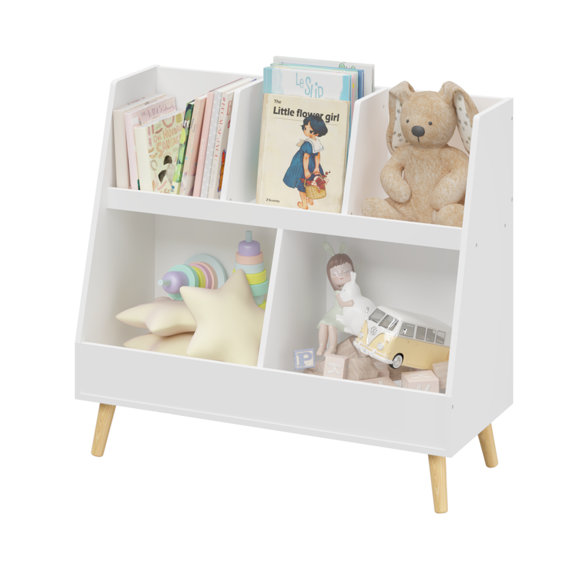 Kids Bookshelf and Toy Organizer, 5 Cubbies Wooden Open Bookcase, 2-Tier Baby Storage Display Organizer with Legs, Free Standing for Playing Room, Bedroom, Nursery, Classroom, White